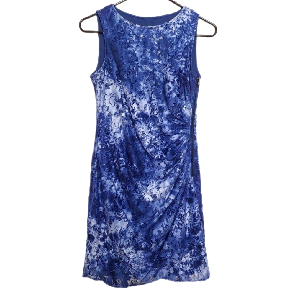 Adrianna Papell Scoop Neck Sleeveless Blue Lace Asymmetrical Ruched Dress Size 4